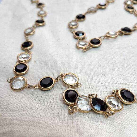 Vintage Austrian Crystal Bezel Necklace Black & Clear Gold Tone 34” Fancy - Picture 1 of 7